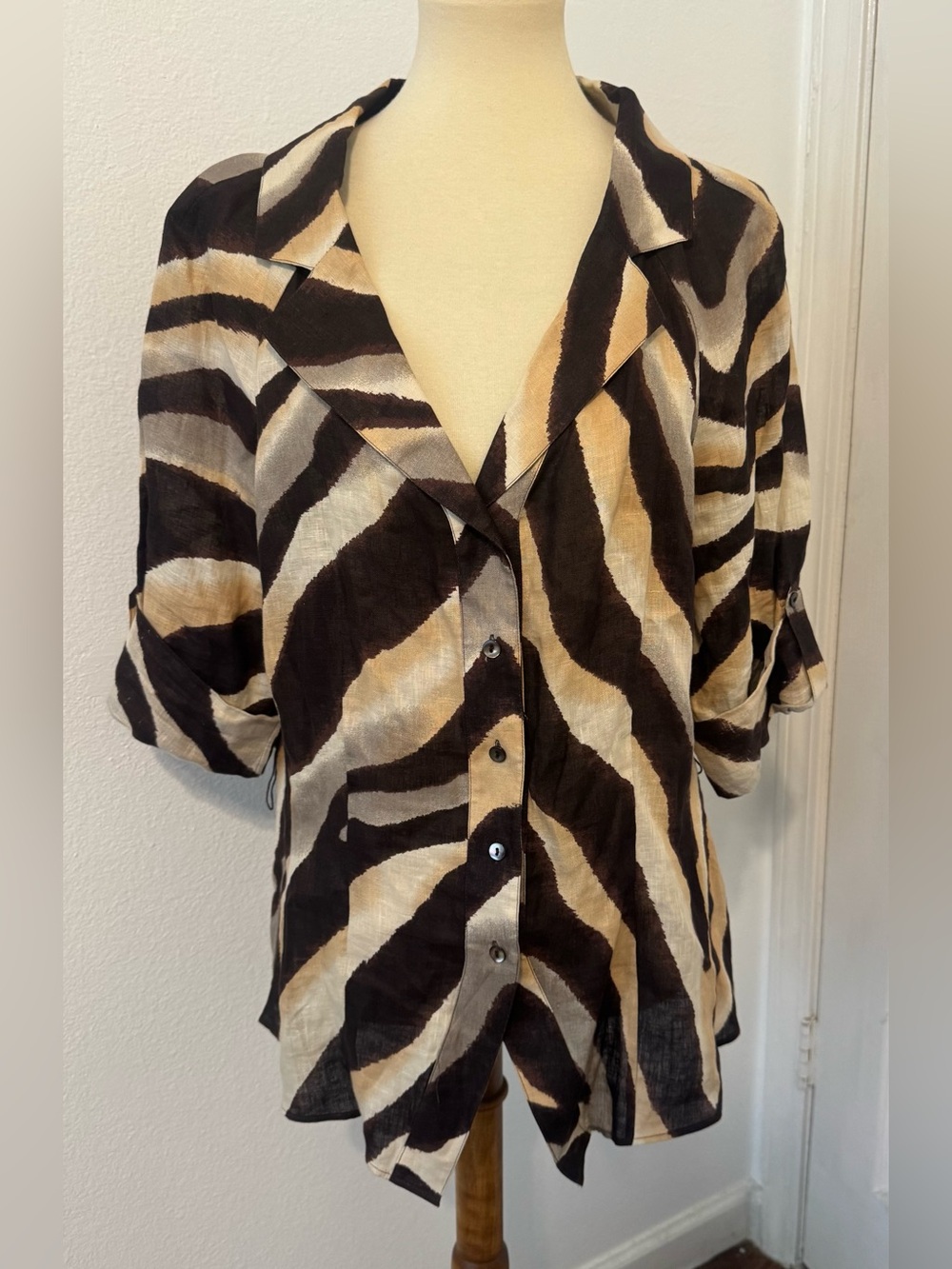 Lafayette 148 New York 100% Linen Top Zebra Animal Print Roll Tab 3/4 Size 16